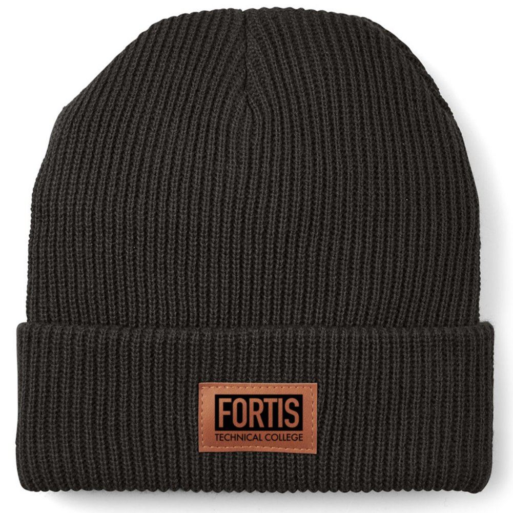 Add Your Logo: Ribbed Knit Beanie with Faux Leather Patch